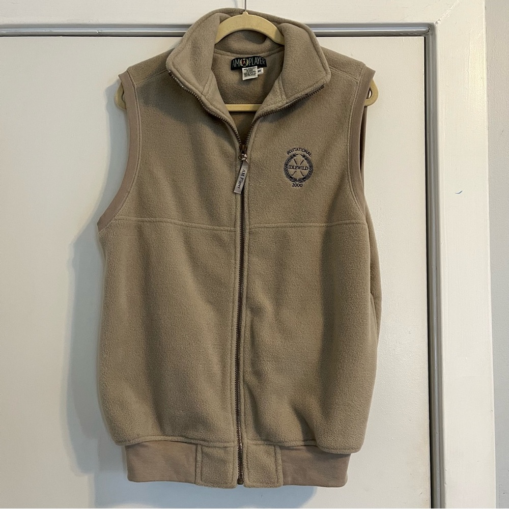 Vintage Tan Fleece Vest Golf tournament collectible 2000 Y2K men’s medium zip up
